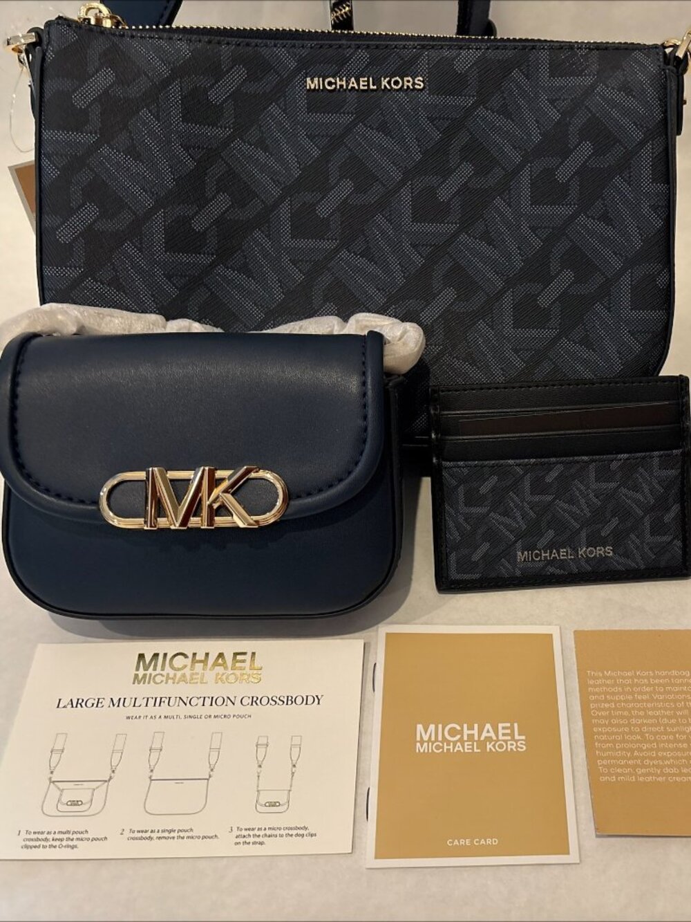Michael Kors Parker Navy Signature Multi-Function Cross Body w/Slim Card Wallet